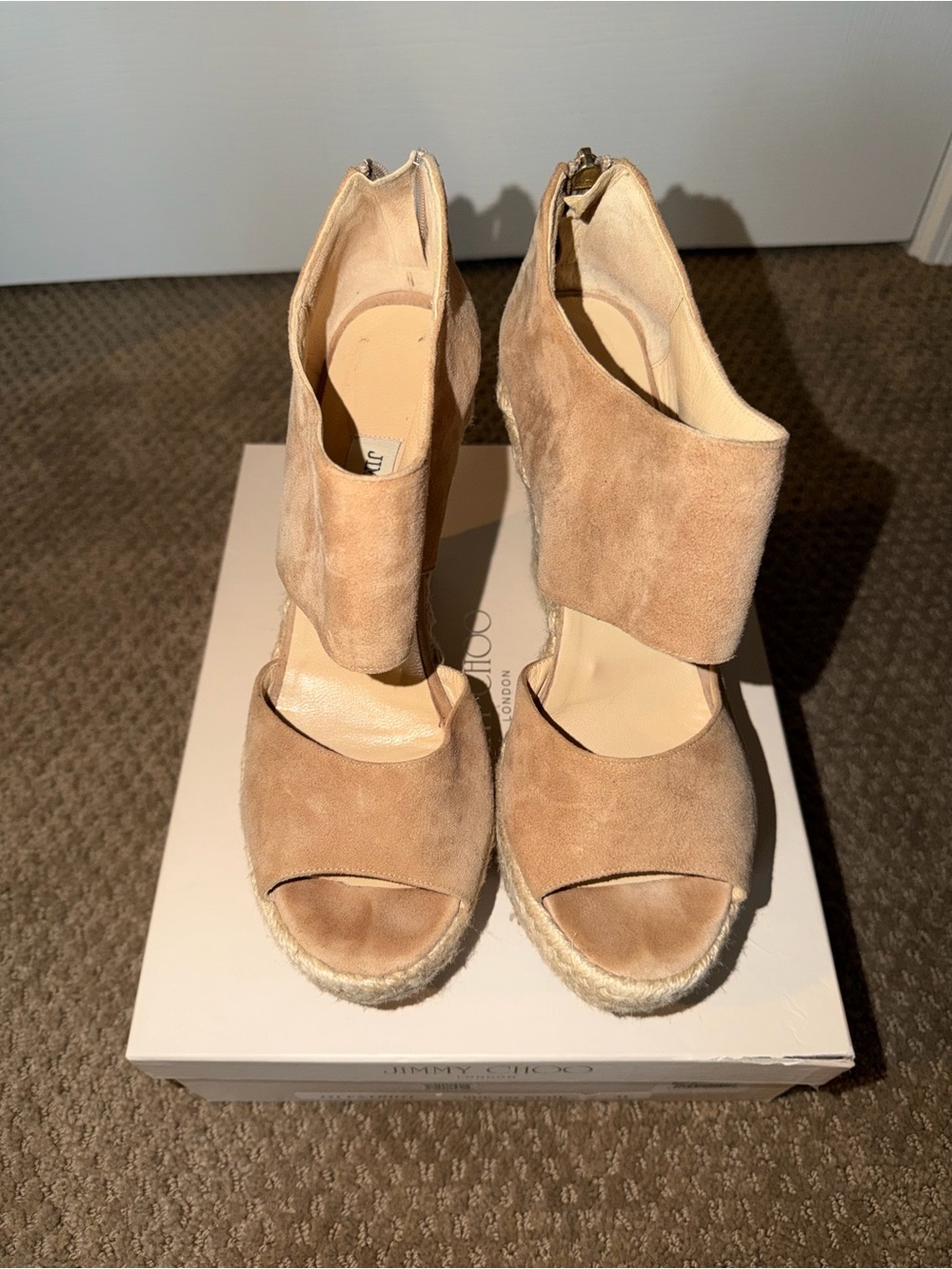 Jimmy Choo Suede 120mm Espadrille Platform Wedge Sandals Nude Tan Size [SIZE]